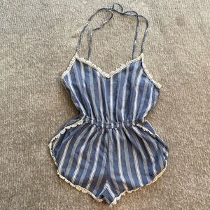 Abercrombie & Fitch Blue Stripe Lace Trim Romper Small Bohemian Beach Cover-Up